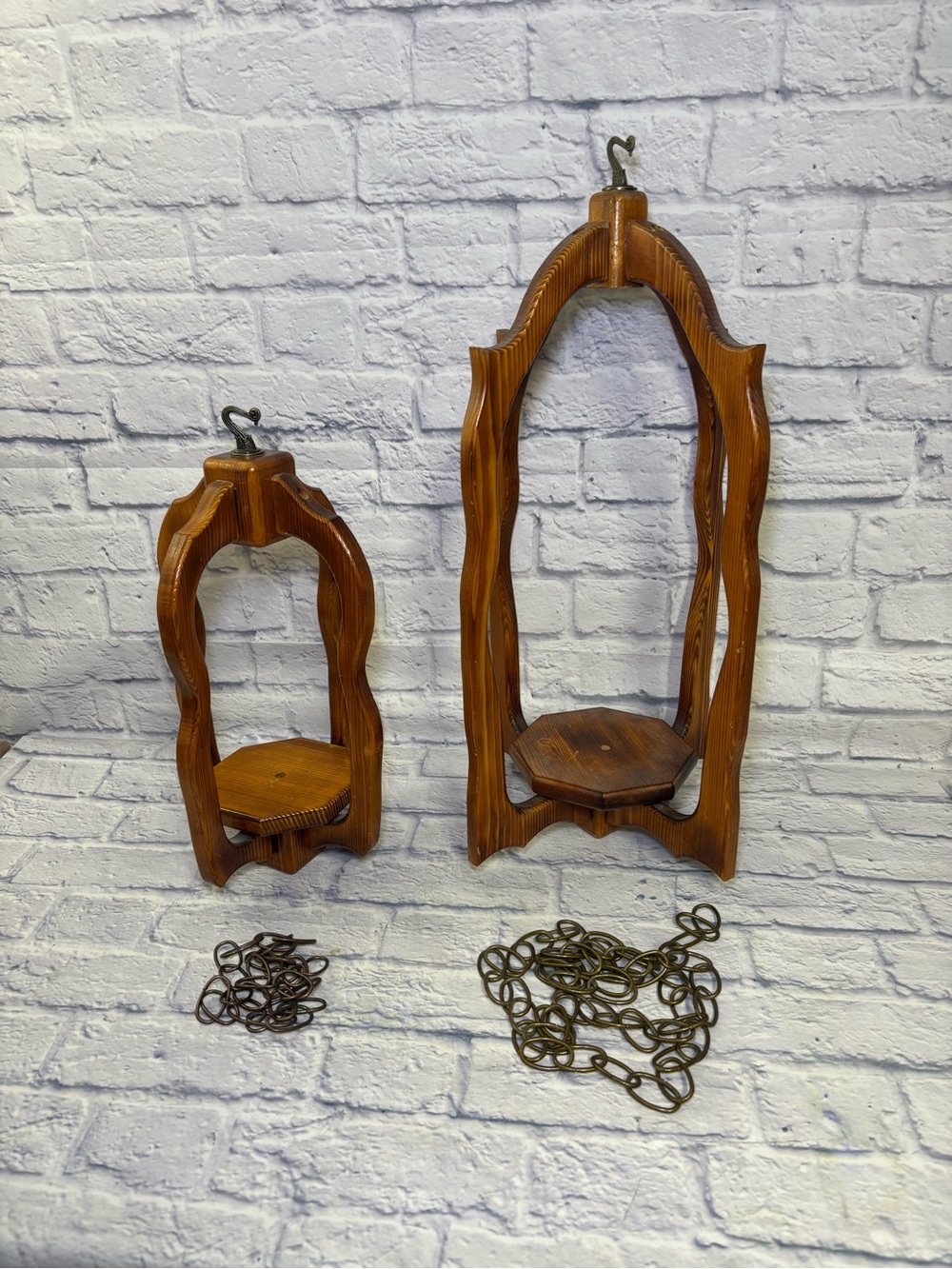 Mid Century Rustic Wooden Patio Candle Plant Lantern Hanging Holders Lot Of 2
